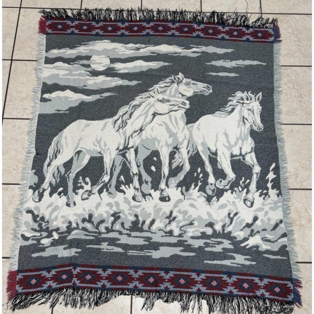 Vintage Wild Horses Tapestry Fringe Throw Blanket 56X47